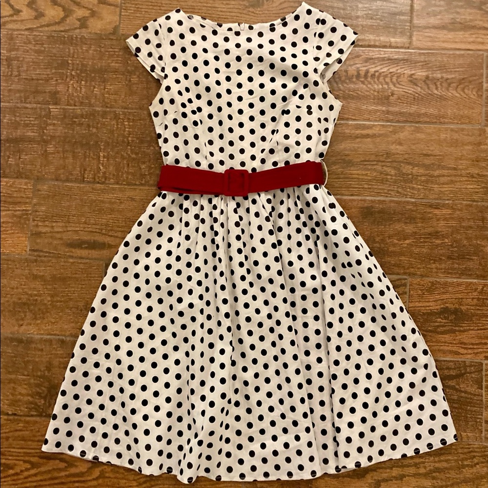 Black and White Polka Dot Dress with red belt